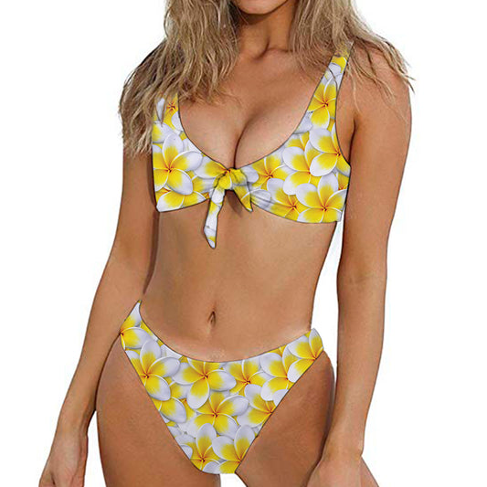Frangipani Flower Print Front Bow Tie Bikini