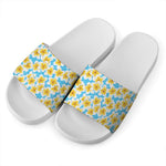 Frangipani On The Water Pattern Print White Slide Sandals