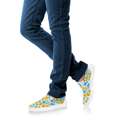 Frangipani On The Water Pattern Print White Slip On Shoes