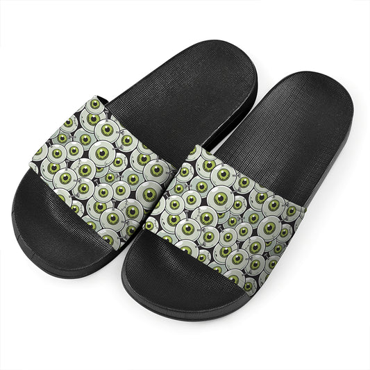 Frankenstein Eyeball Pattern Print Black Slide Sandals