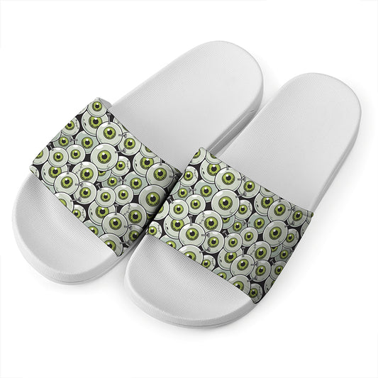 Frankenstein Eyeball Pattern Print White Slide Sandals