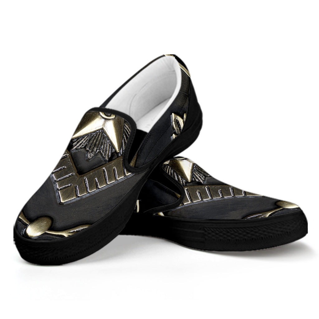 Freemasonry Medal Print Black Slip On Shoes