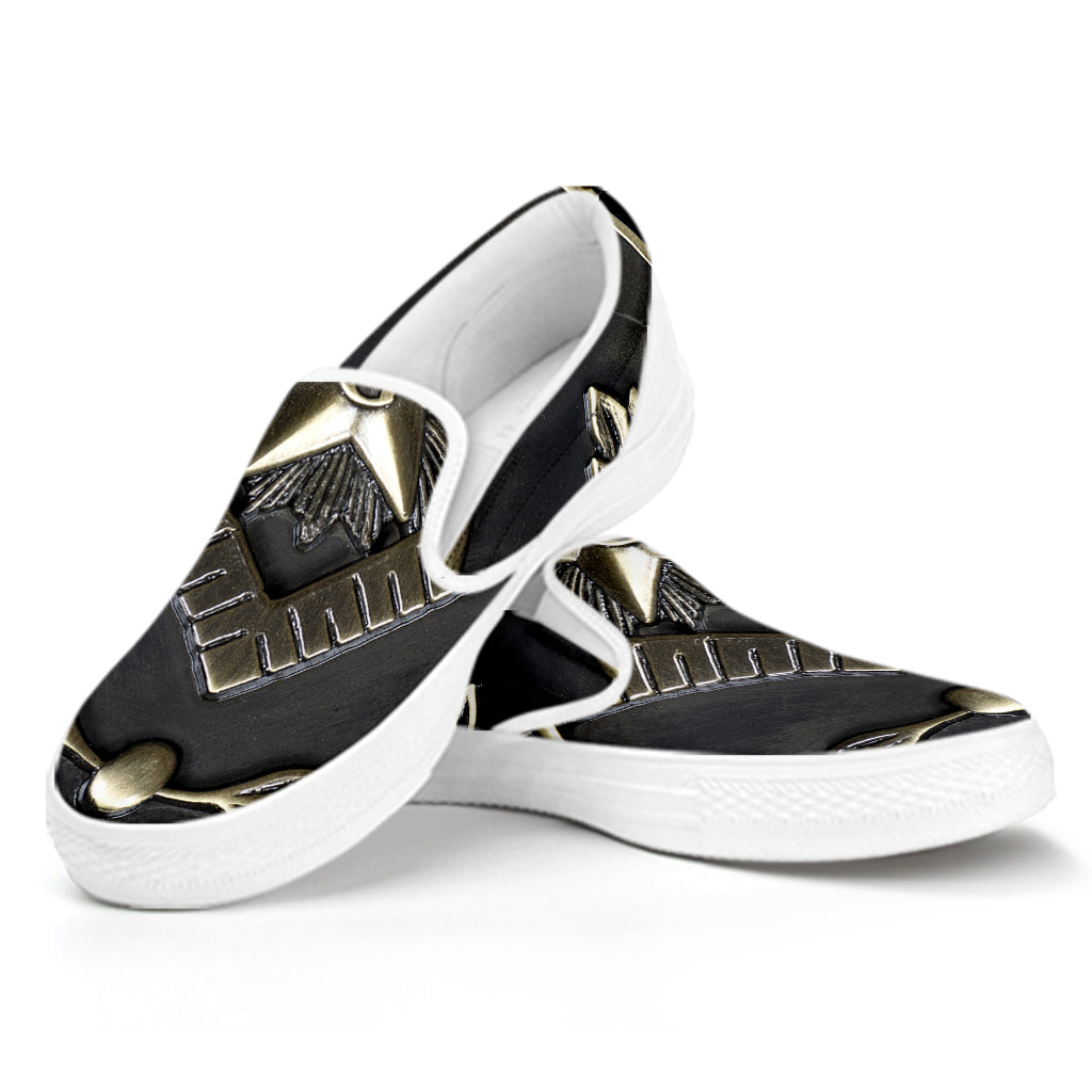 Freemasonry Medal Print White Slip On Shoes