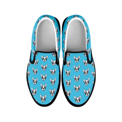 French Bulldog Faces Pattern Print Black Slip On Shoes