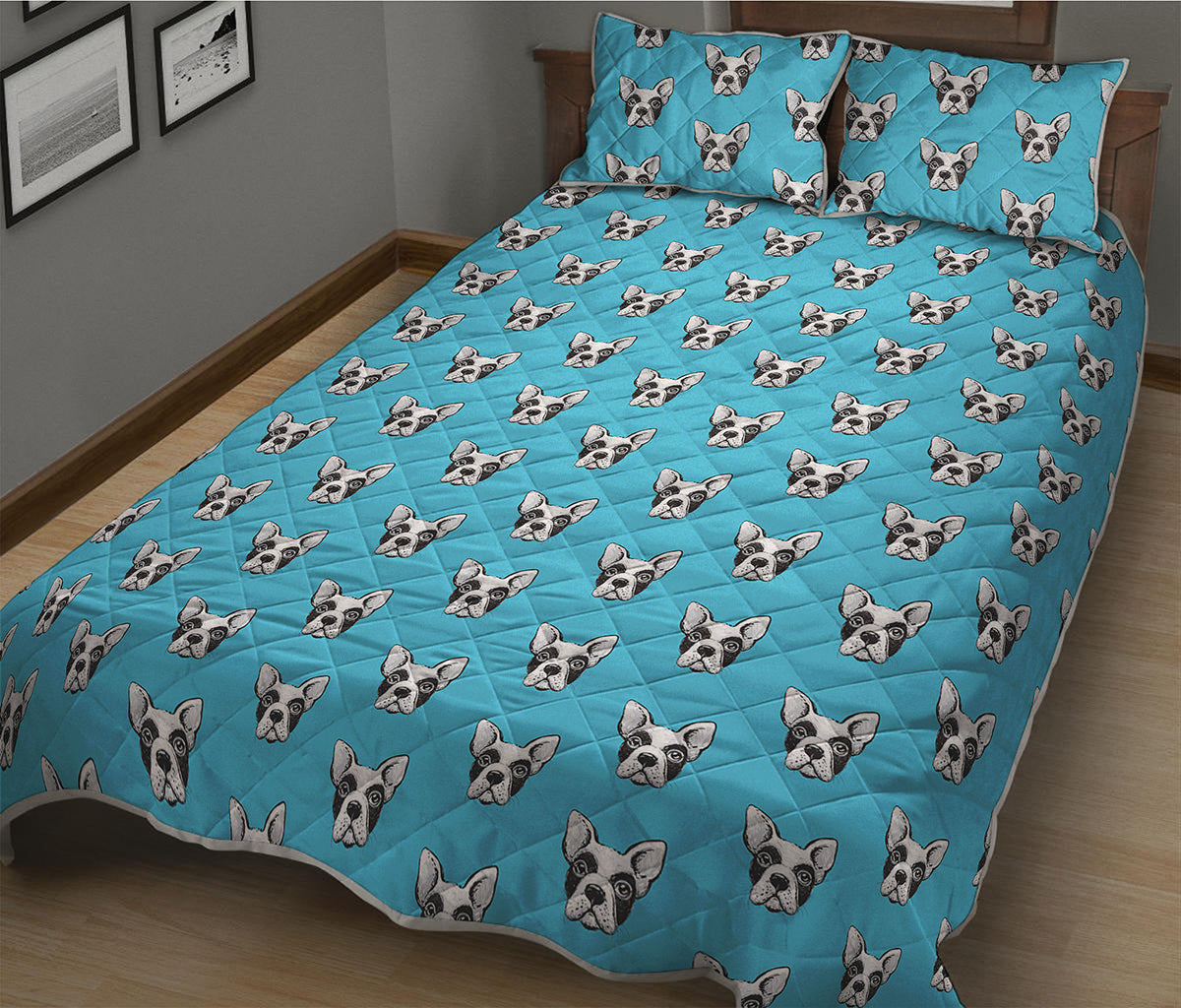 French Bulldog Faces Pattern Print Quilt Bed Set