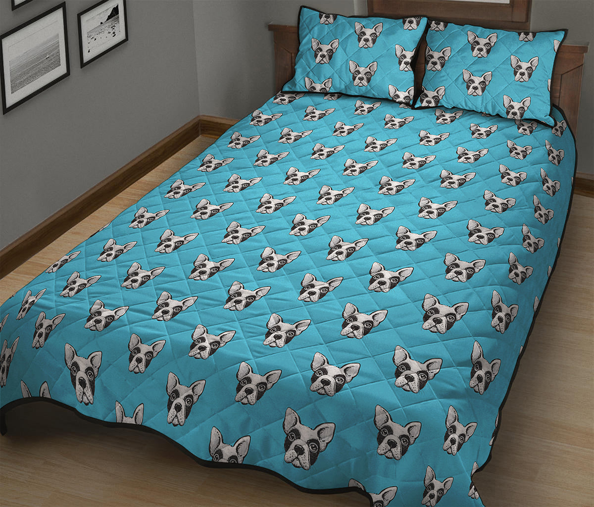 French Bulldog Faces Pattern Print Quilt Bed Set