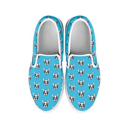 French Bulldog Faces Pattern Print White Slip On Shoes