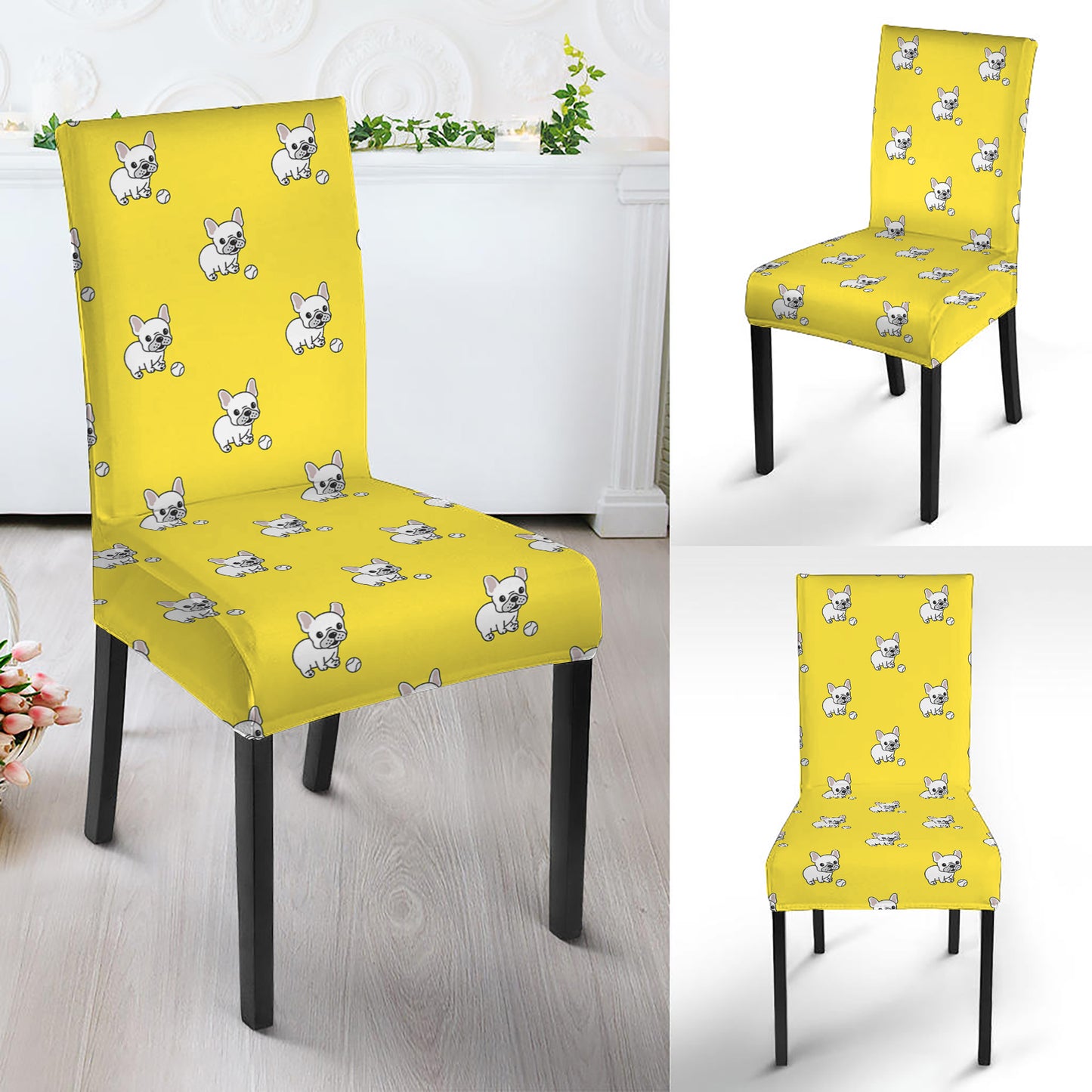 French Bulldog Puppy With Baseball Print Dining Chair Slipcover