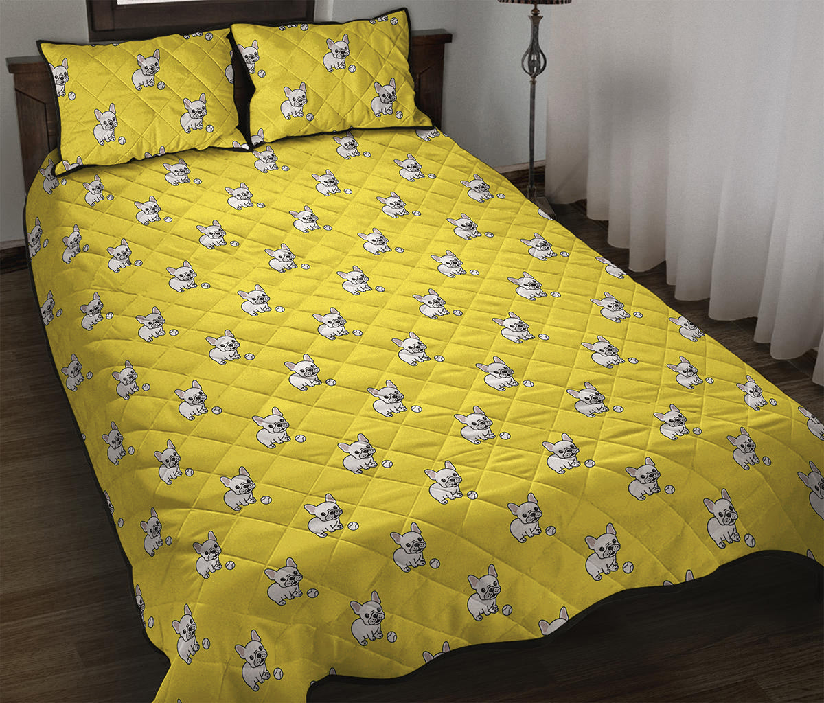 French Bulldog Puppy With Baseball Print Quilt Bed Set