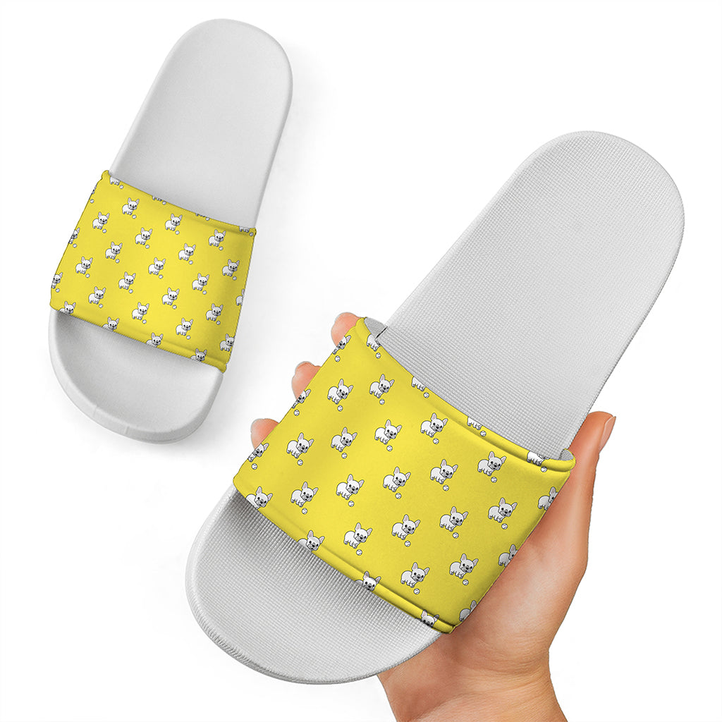 French Bulldog Puppy With Baseball Print White Slide Sandals