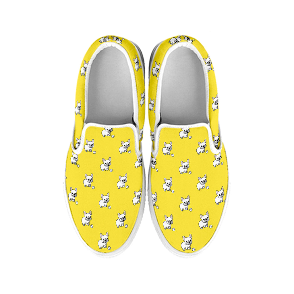 French Bulldog Puppy With Baseball Print White Slip On Shoes