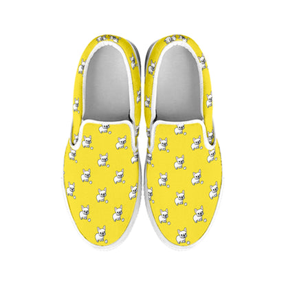 French Bulldog Puppy With Baseball Print White Slip On Shoes