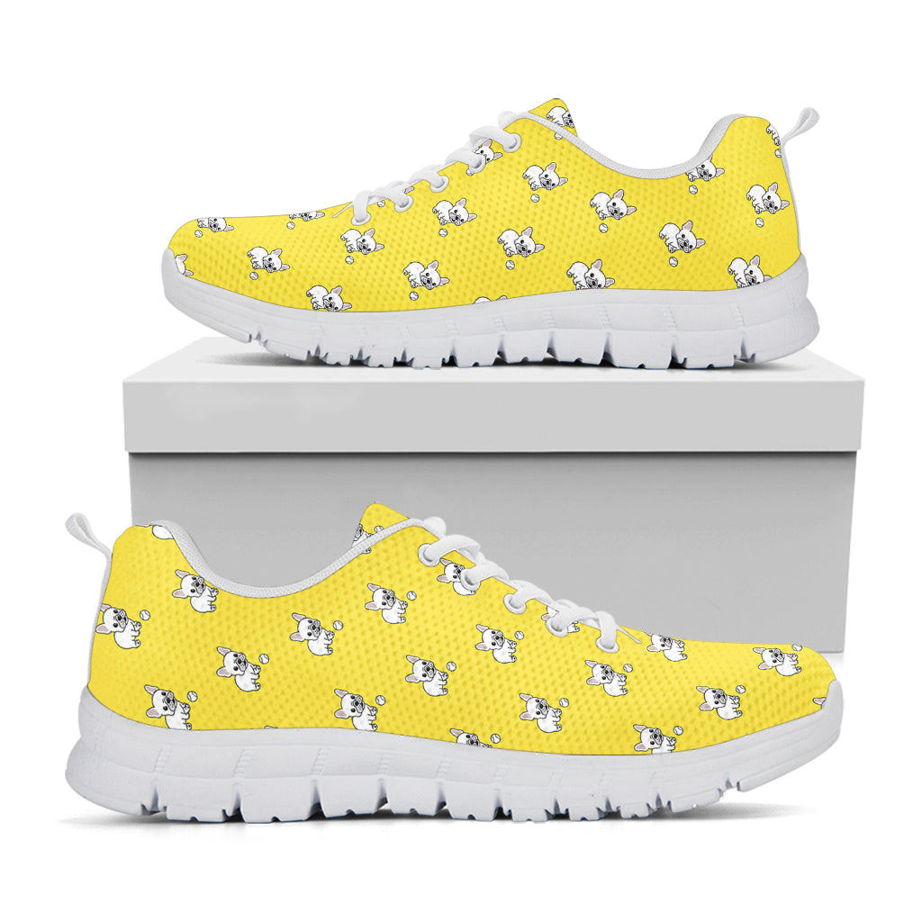 French Bulldog Puppy With Baseball Print White Sneakers