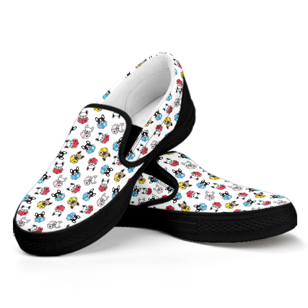 French Bulldog Reading Book Print Black Slip On Shoes