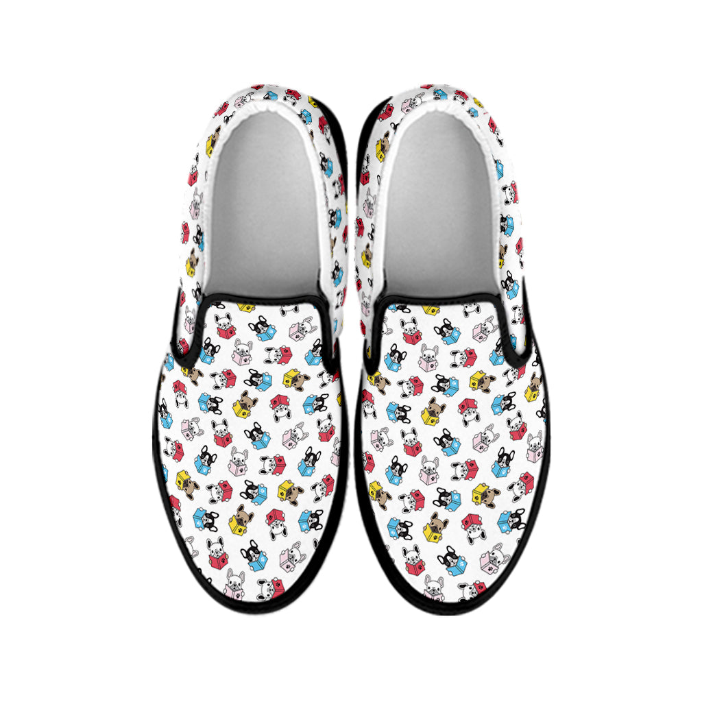 French Bulldog Reading Book Print Black Slip On Shoes
