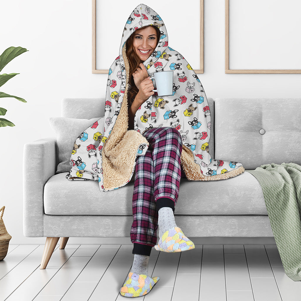 French Bulldog Reading Book Print Hooded Blanket