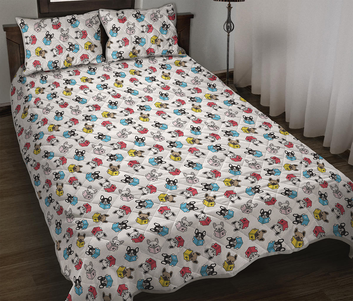 French Bulldog Reading Book Print Quilt Bed Set
