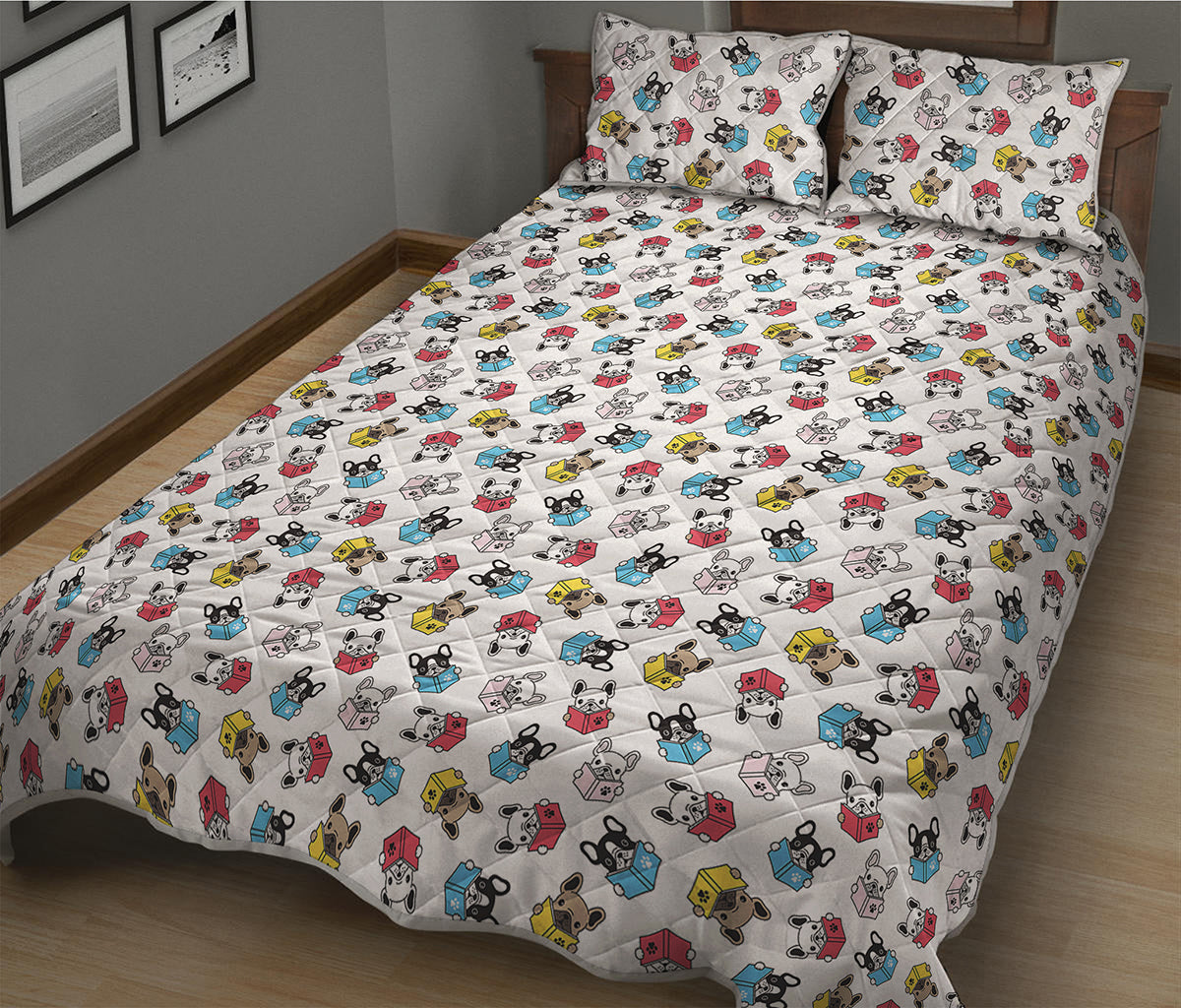 French Bulldog Reading Book Print Quilt Bed Set