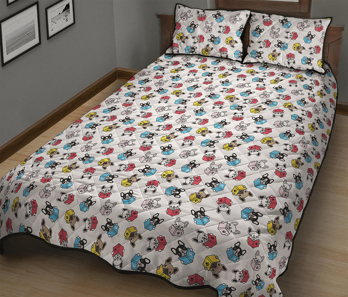French Bulldog Reading Book Print Quilt Bed Set