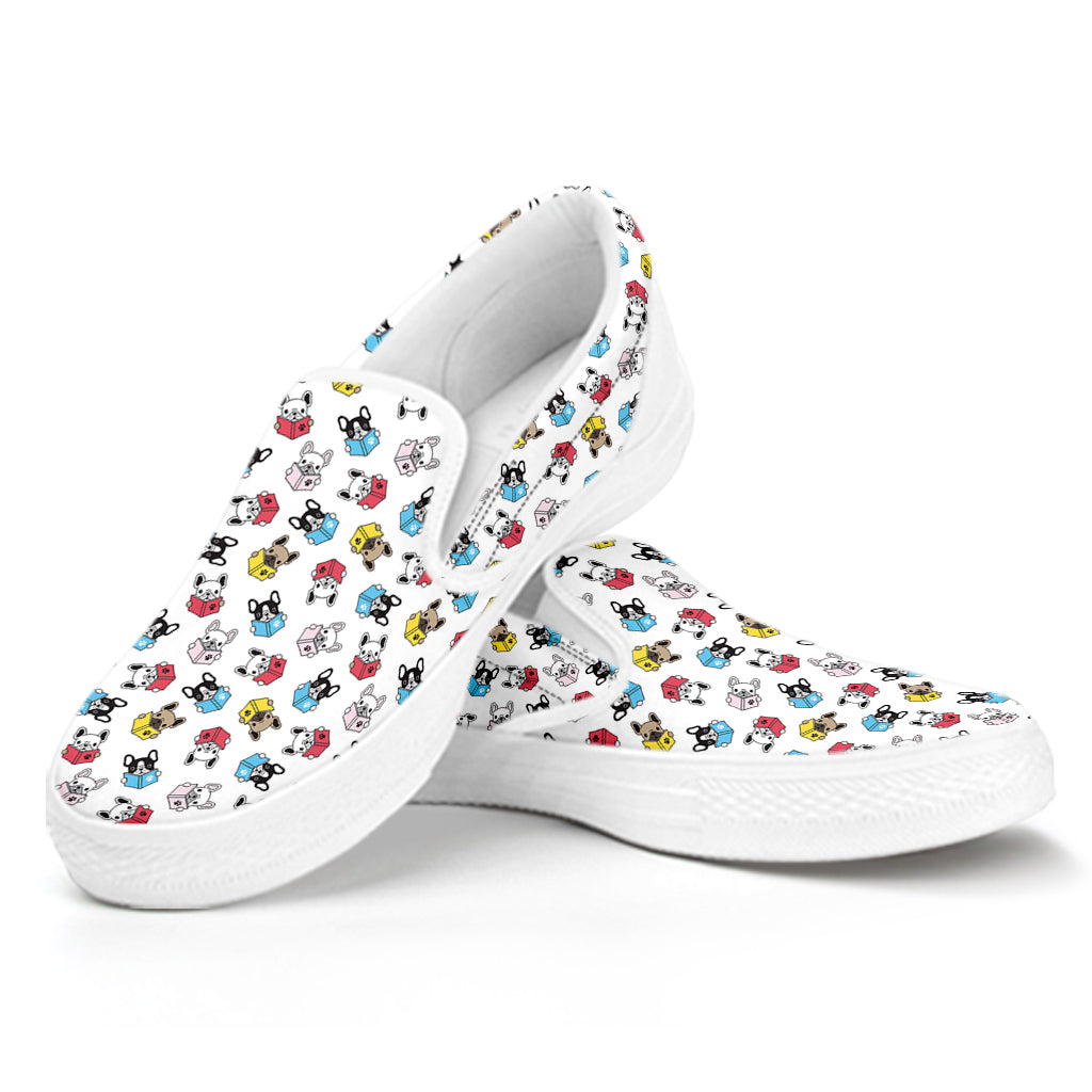 French Bulldog Reading Book Print White Slip On Shoes