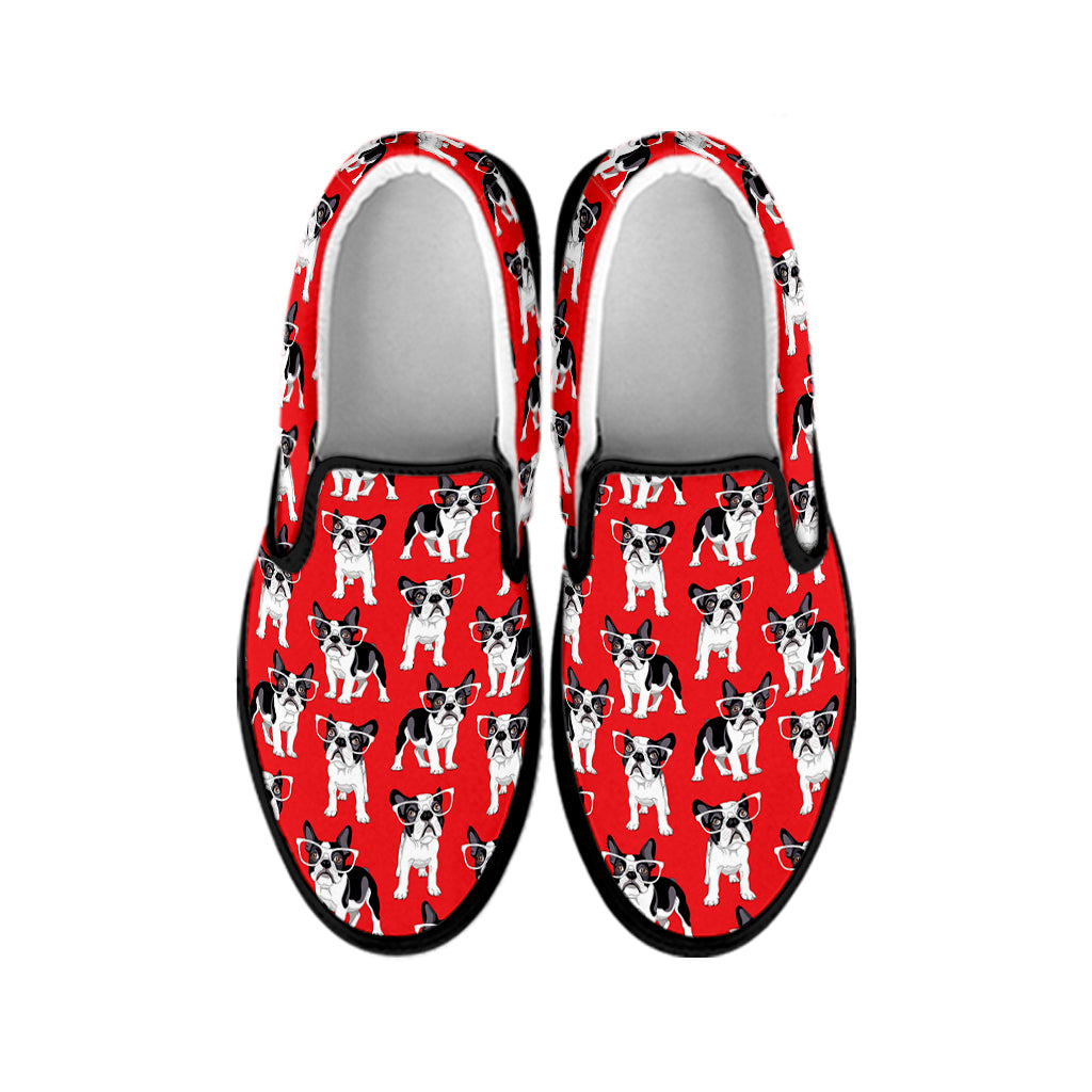 French Bulldog With Glasses Print Black Slip On Shoes