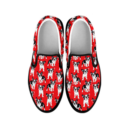 French Bulldog With Glasses Print Black Slip On Shoes