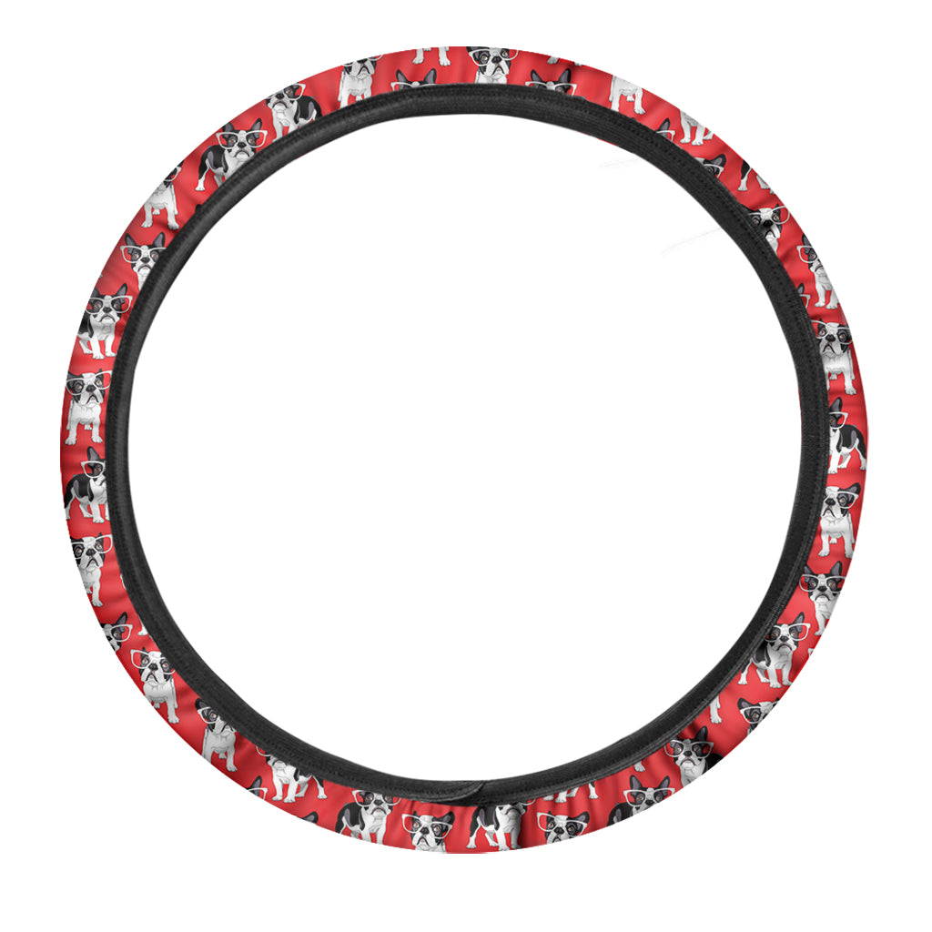 French Bulldog With Glasses Print Car Steering Wheel Cover