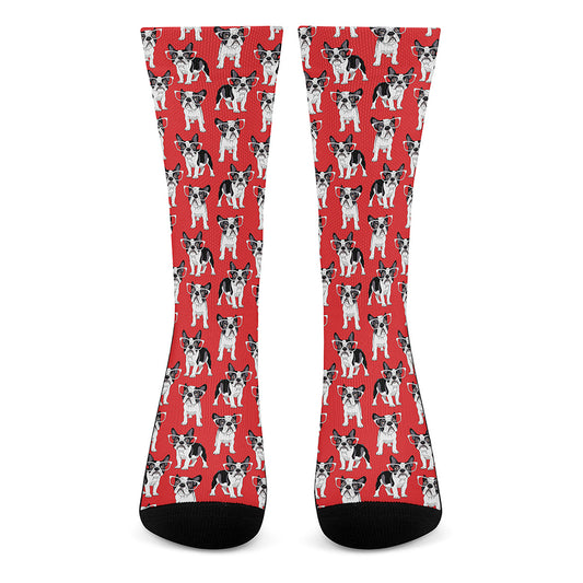 French Bulldog With Glasses Print Crew Socks