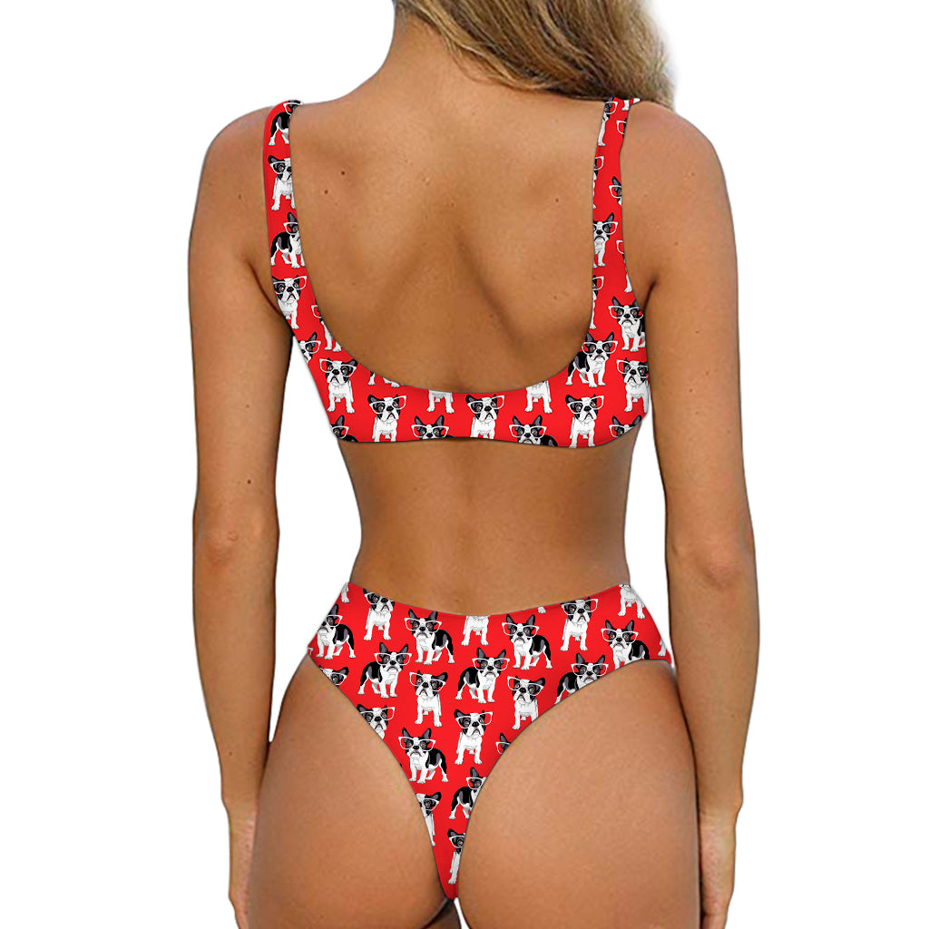 French Bulldog With Glasses Print Front Bow Tie Bikini