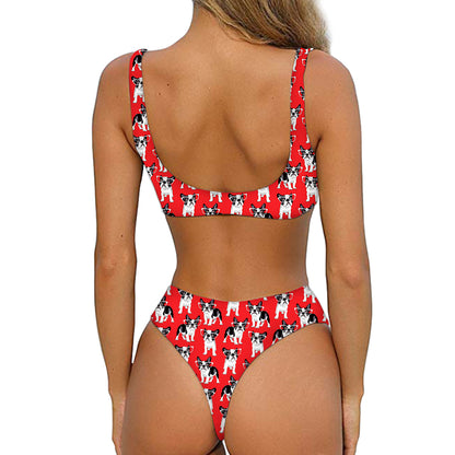 French Bulldog With Glasses Print Front Bow Tie Bikini