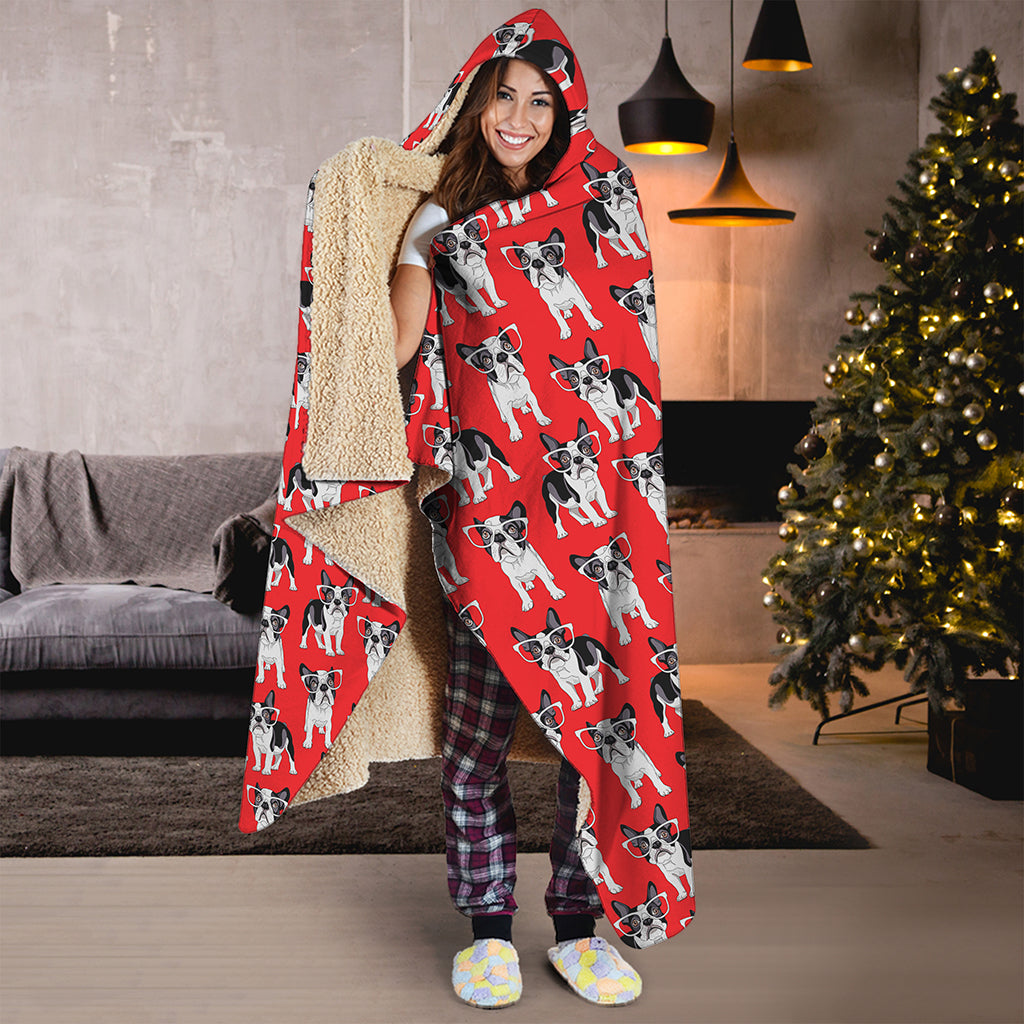 French Bulldog With Glasses Print Hooded Blanket