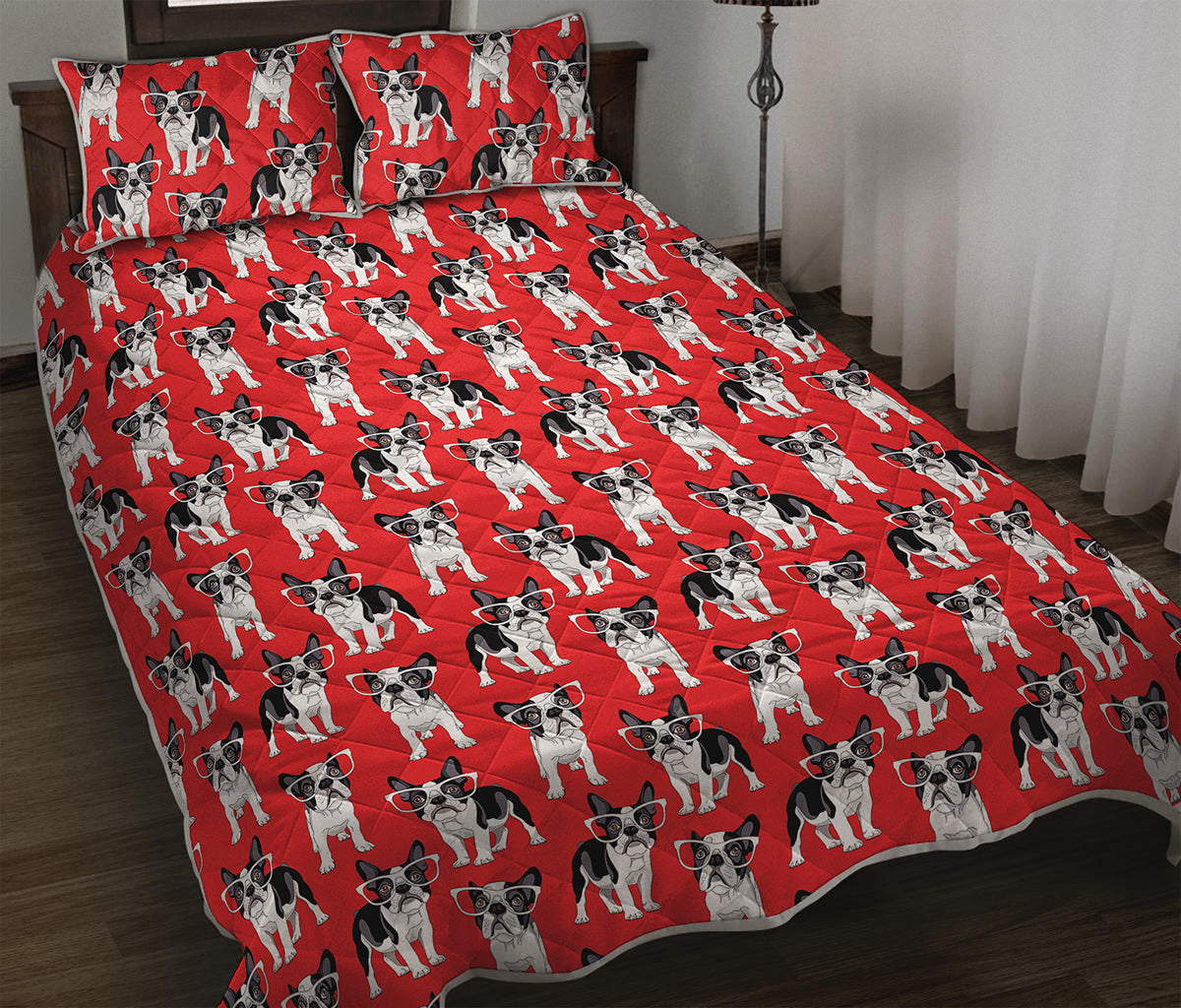 French Bulldog With Glasses Print Quilt Bed Set