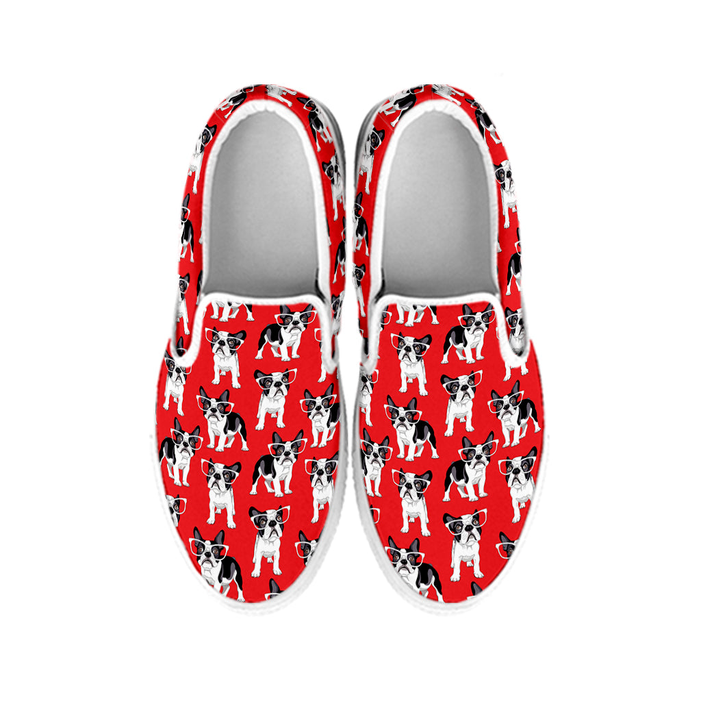 French Bulldog With Glasses Print White Slip On Shoes