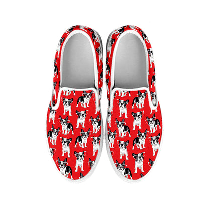 French Bulldog With Glasses Print White Slip On Shoes