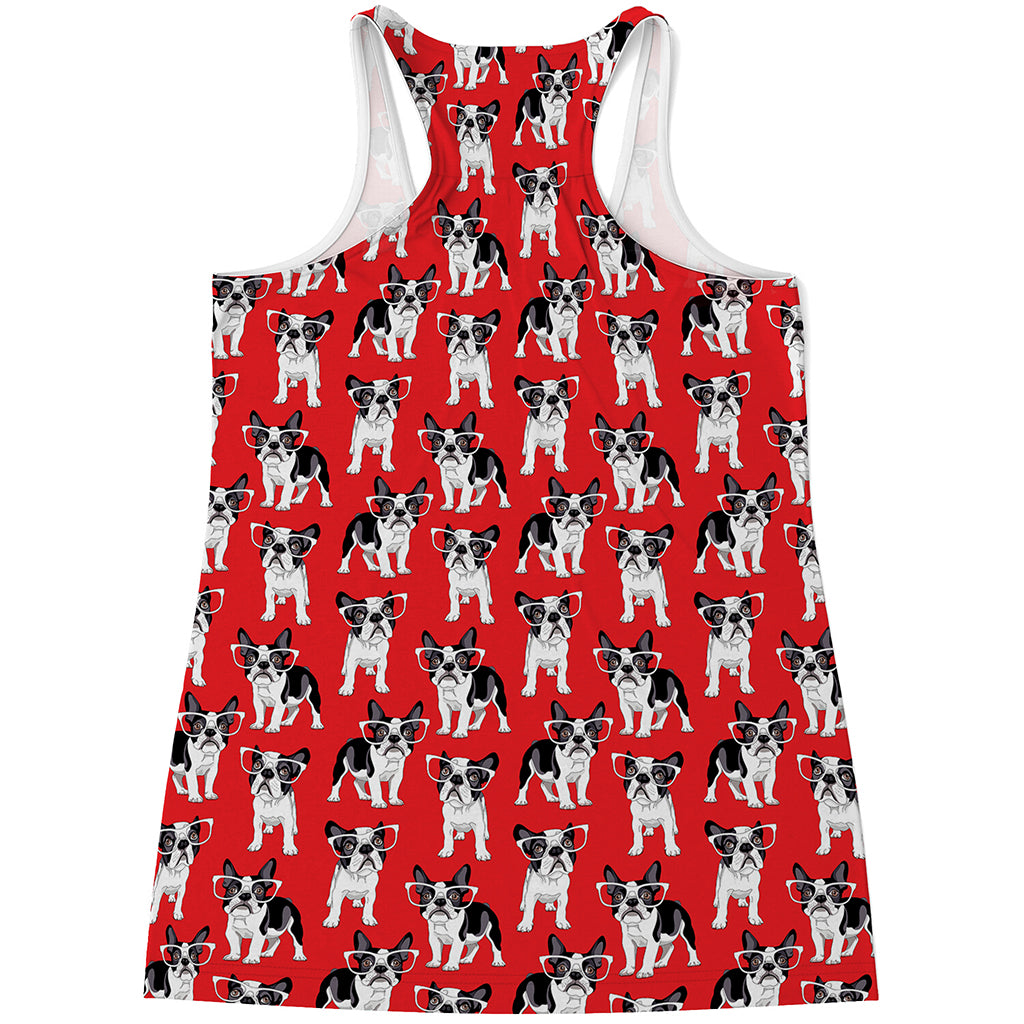 French Bulldog With Glasses Print Women's Racerback Tank Top