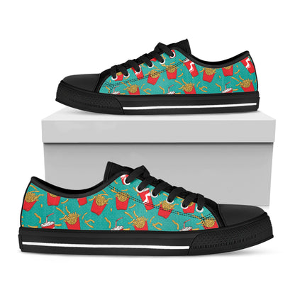 French Fries And Cola Pattern Print Black Low Top Shoes