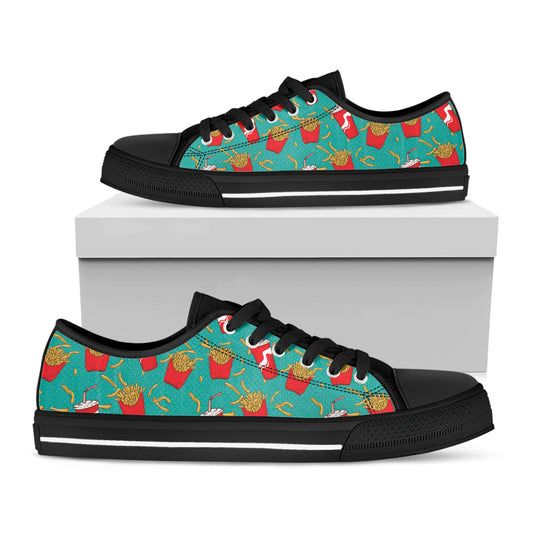 French Fries And Cola Pattern Print Black Low Top Shoes