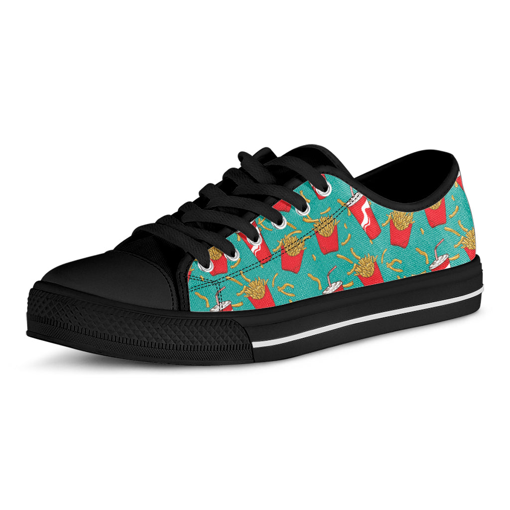 French Fries And Cola Pattern Print Black Low Top Shoes