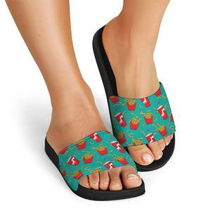 French Fries And Cola Pattern Print Black Slide Sandals