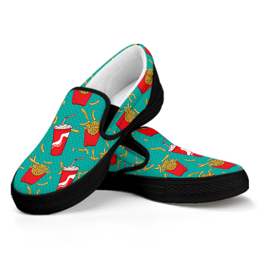 French Fries And Cola Pattern Print Black Slip On Shoes