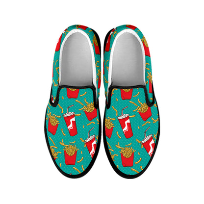 French Fries And Cola Pattern Print Black Slip On Shoes