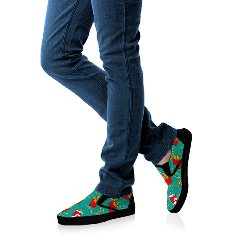 French Fries And Cola Pattern Print Black Slip On Shoes