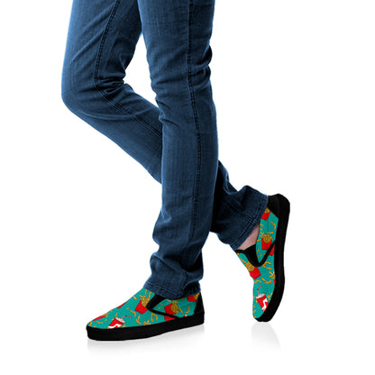 French Fries And Cola Pattern Print Black Slip On Shoes