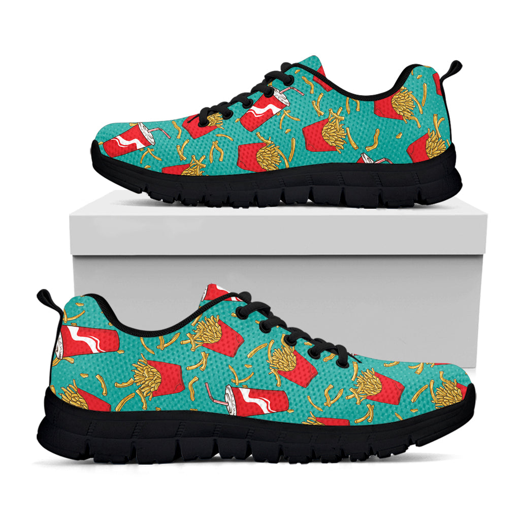 French Fries And Cola Pattern Print Black Sneakers