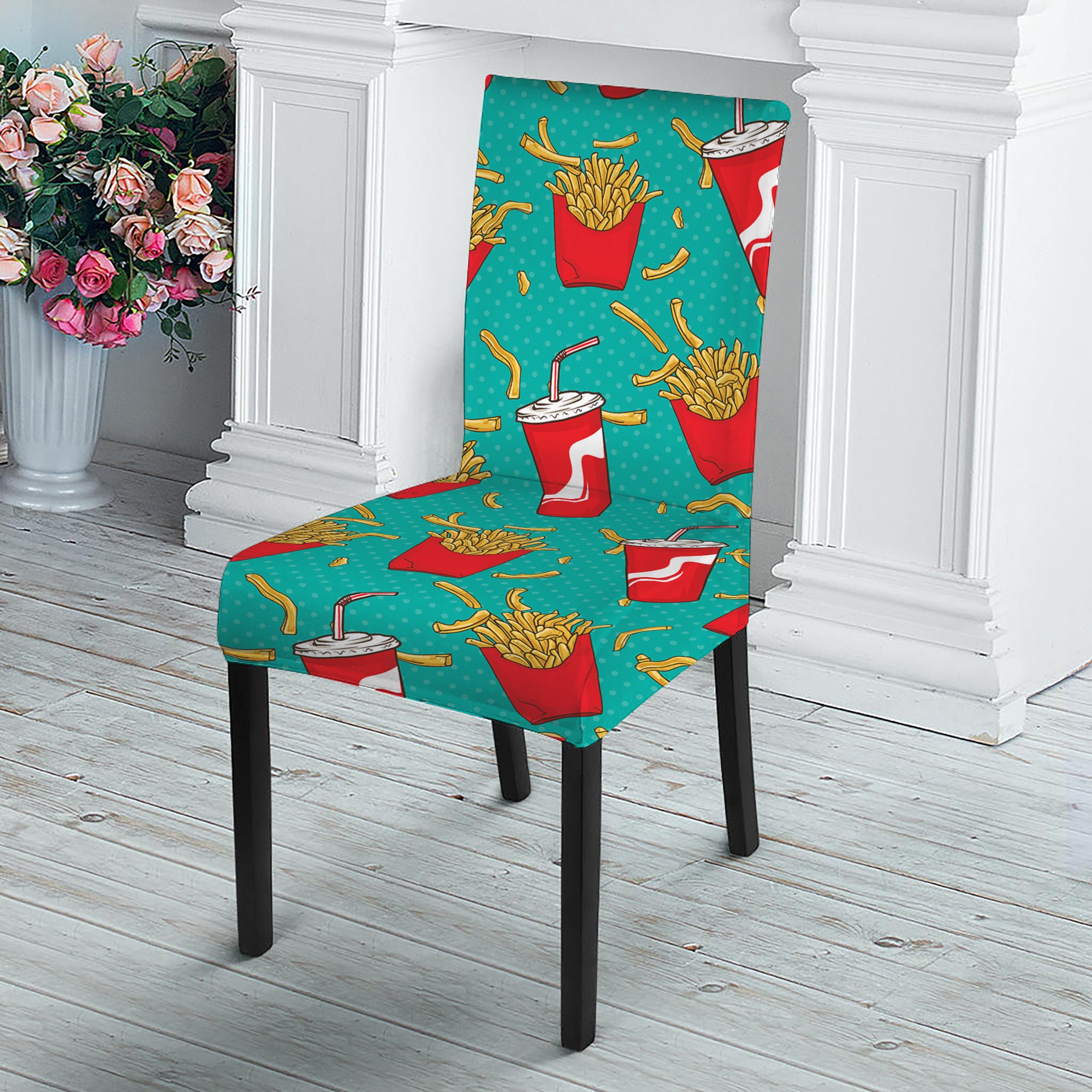 French Fries And Cola Pattern Print Dining Chair Slipcover