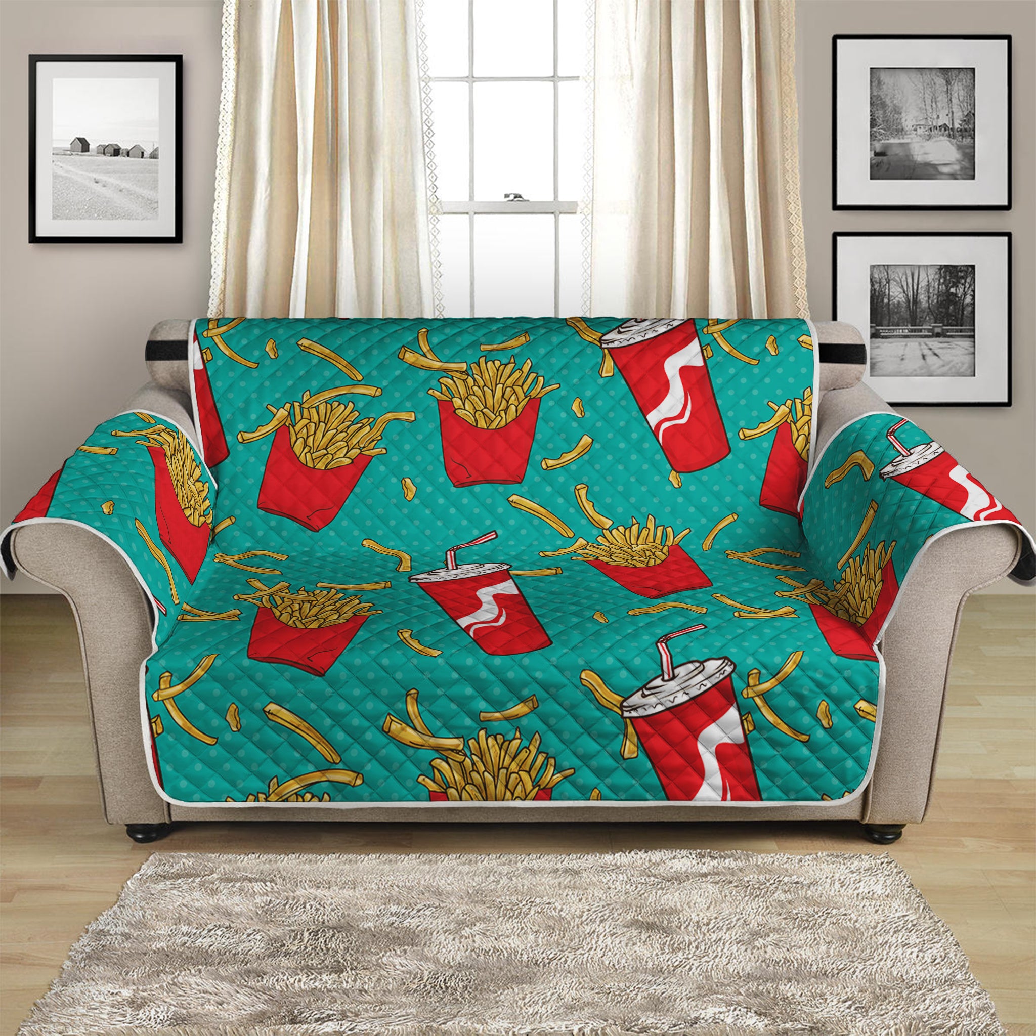 French Fries And Cola Pattern Print Loveseat Protector