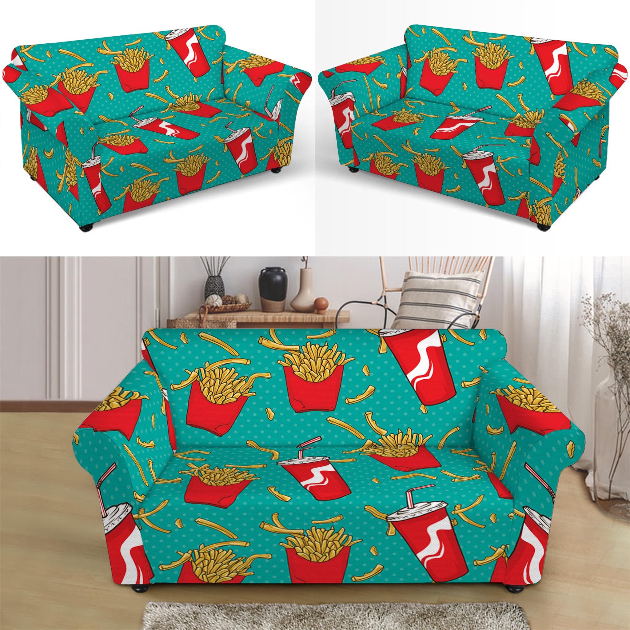 French Fries And Cola Pattern Print Loveseat Slipcover