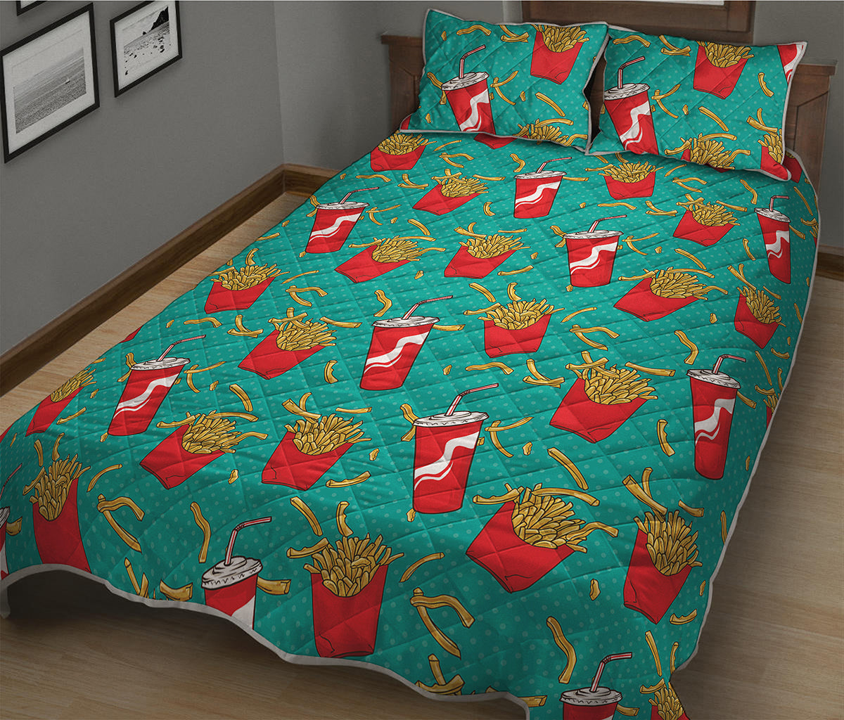 French Fries And Cola Pattern Print Quilt Bed Set