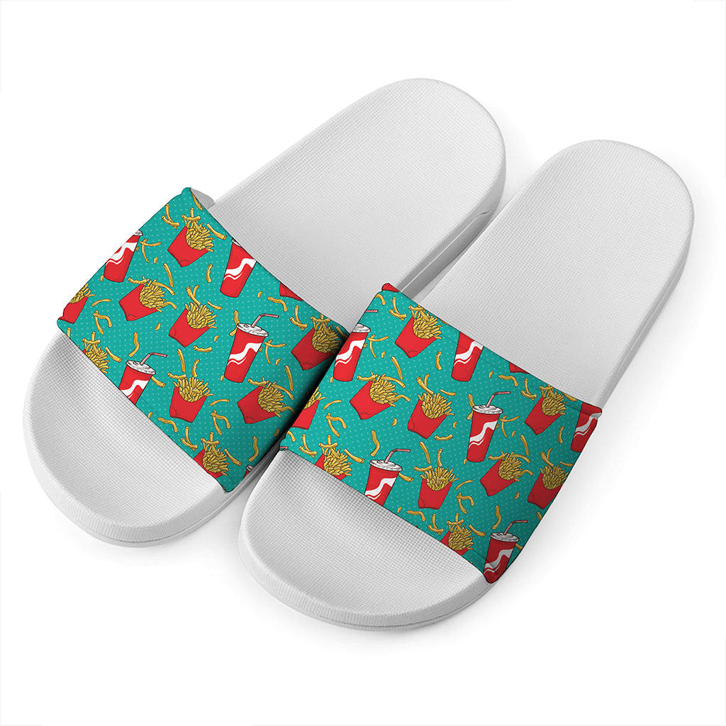 French Fries And Cola Pattern Print White Slide Sandals