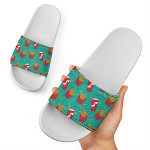 French Fries And Cola Pattern Print White Slide Sandals